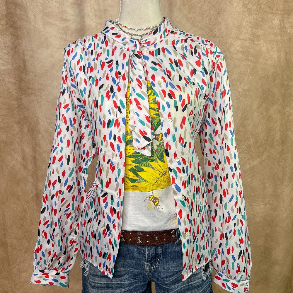 Vintage 70s Graphic Print Blouse Geometric Button Up Shirt Neck Tie Collar Disco
